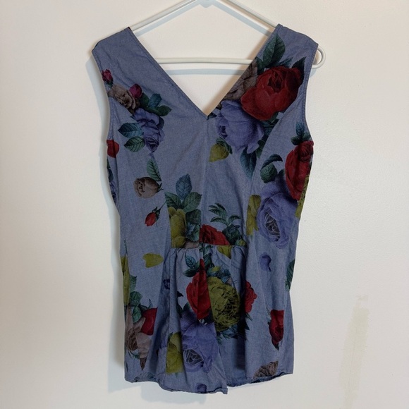 LOVE MOSCHINO BLUE COTTON FLORAL PRINT SLEEVELESS TOP BOW TIE BUTTON UP SZ 8 - Picture 5 of 8